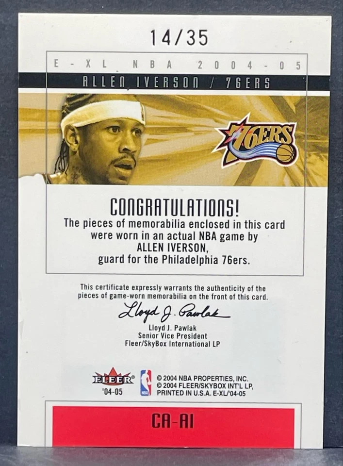 2004-05 Fleer E-XL Court Authentics Allen Iverson 3-CLR Game-Worn Dual Patch /35 - Image 2 of 2