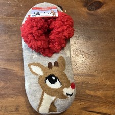 New RUDOLPH THE RED NOSED REINDEER Ladies COZY GRIPPER BOTTOM SLIPPER SOCKS NWT