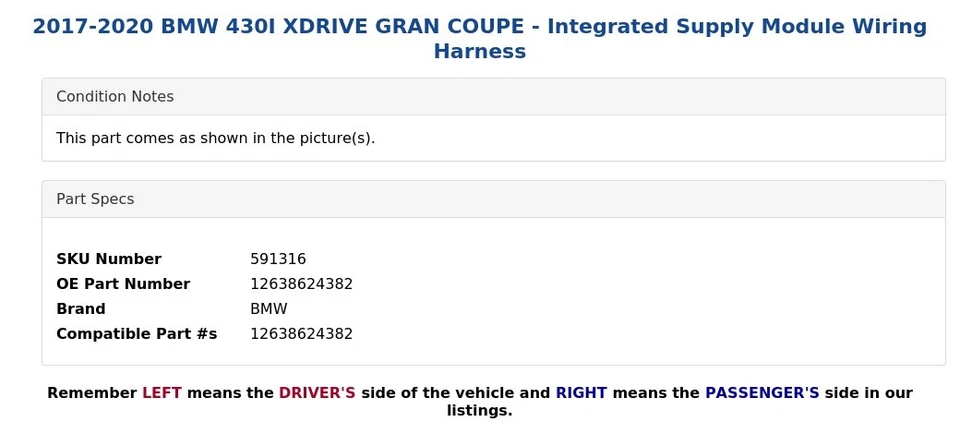 BMW 430I XDRIVE GRAN CUPÉ 2017-2020 - Arnés de cableado de módulo de suministro integrado Foto 4 de 4