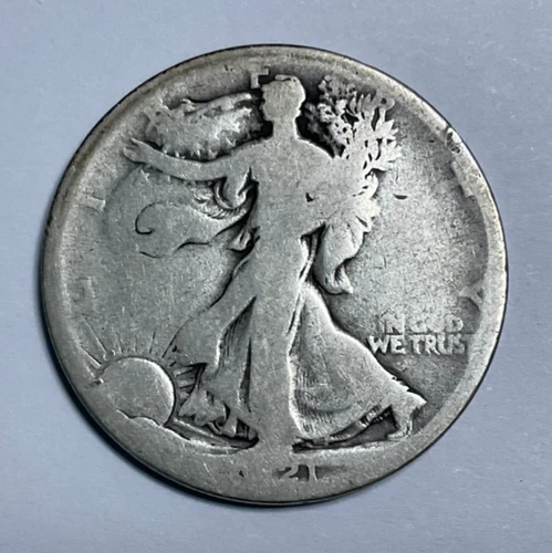 1921-D US 50C Walking Liberty Silver Half Dollar, Lower Mintage Key Date Coin