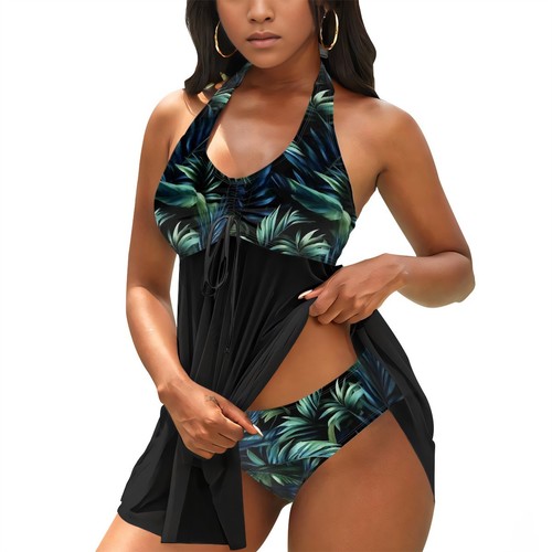 Tropical Leaf Halter Bikini with Tie Skirt | Modest Two-Piece Swimsuit - 第 1/10 張圖片
