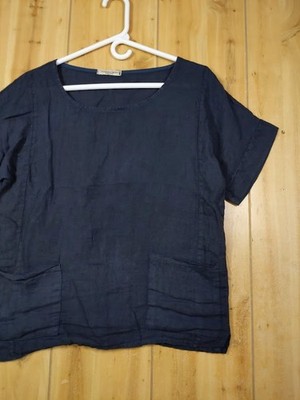 Francesca Bettini Navy Linen Boxy Top Med Short Sleeve Pockets Made in Italy