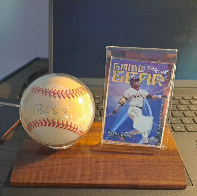 Barry Bonds Autographed Baseball w/COA plus Barry Bonds Card with player Jersey