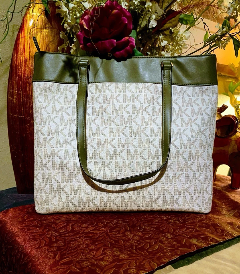 Michael Kors Tote Handbag Large Lime Green Stripe Monogram Shoulder Purse - Image 2 of 4