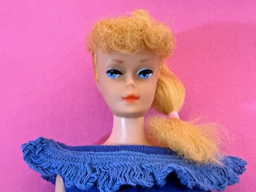 Vintage MATTEL Blonde Ponytail doll in Blue Knit Pak Dress and heels