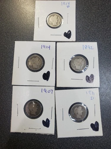 US Barber Silver Dimes Lot of 5 - 1892, 1907, 1911, 1914 - 10C Coins. #392