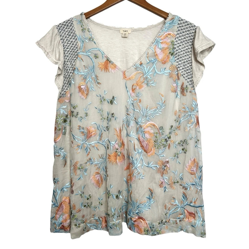 Top Anthropologie Fairy 2X Pequeño Frieda Azul Crema Transparente Floral Bordado Boho Foto 3 de 4