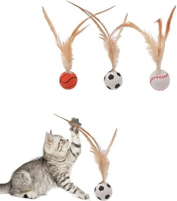 Cat Toy Set Sport Patterns Bouncing Balls With Feathers, Pack Of 3