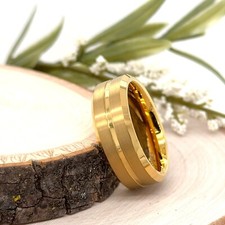 8mm Yellow Gold Tungsten Christmas Gift Ring Grooved Brushed Polished Edges Band