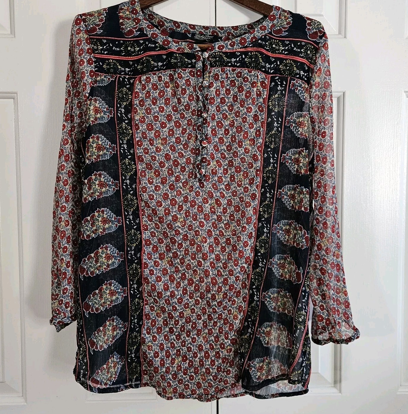 Lucky Brand Womens XL Boho Floral Peasant Top Cottagecore Hippie Style Sheer Popover