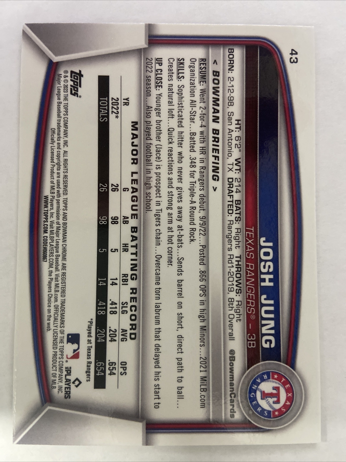 2023 Bowman Josh Jung Mega Box Mojo Refractor #43 - Picture 2 of 2