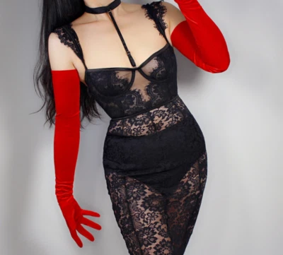 Gants rouges extra longs 70cm velours sexy glamour chic opéra burlesque - Photo 1/4