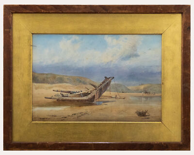 Gerahmtes Aquarell aus dem späten 19. Jahrhundert   Wrack bei Ebbe