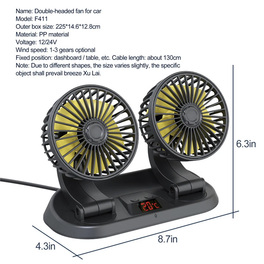 Ventilador de doble cabezal portátil giratorio 360° para automóvil Ventilador de aire 3 velocidades de viento Foto 2 de 4