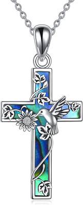 Hummingbird Sunflower Cross Necklace Sterling Silver Religious Gifts for Women