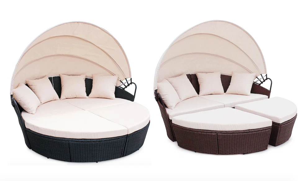 Rattan Outdoor Wicker Sun Lounger Garden Patio Sofa Day Bed Canopy Furniture Set - Image 2 of 4