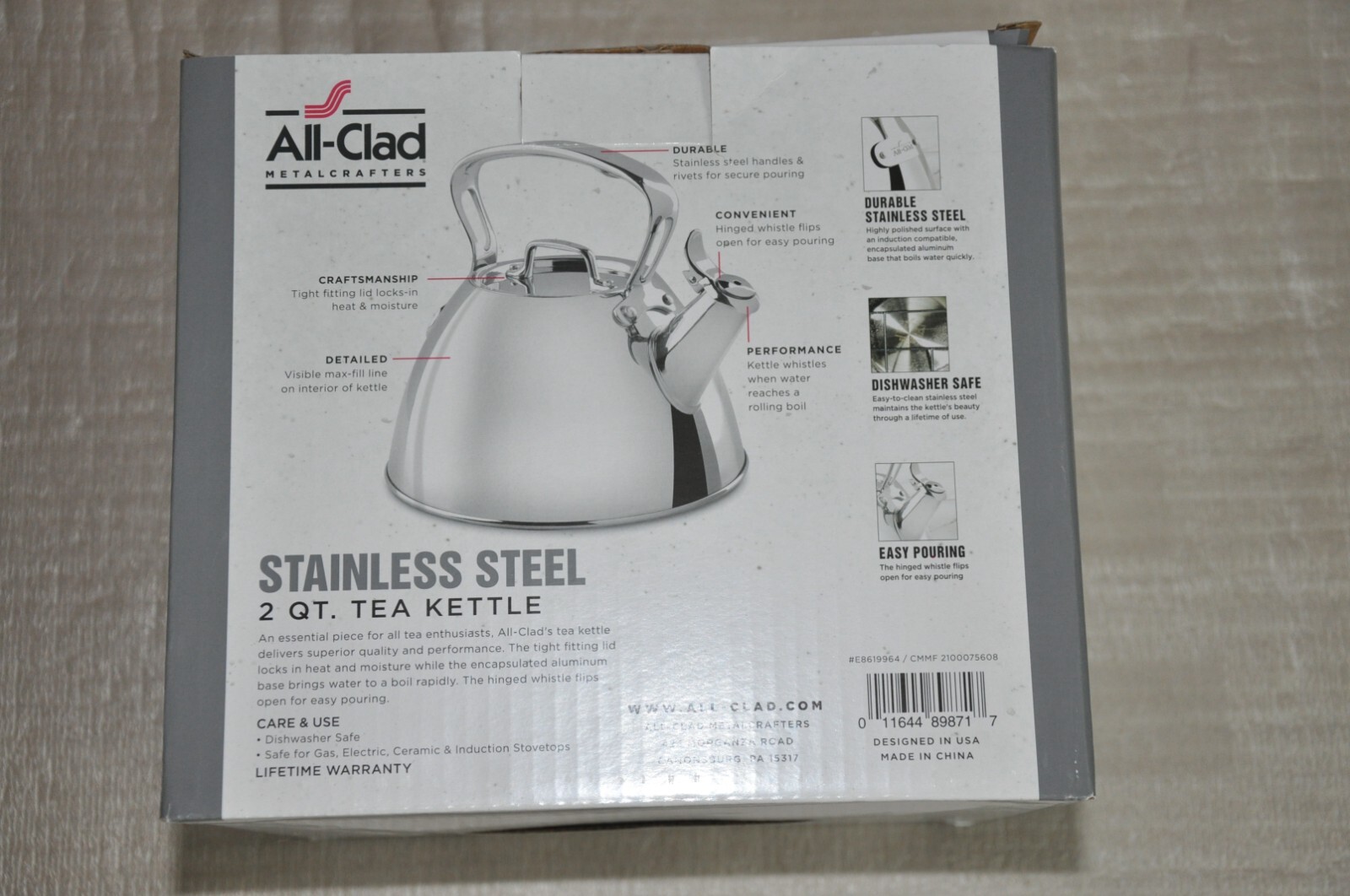 NIB AllClad Stainless Steel 2 QT Tea Kettle E8619964 Whistling Easy