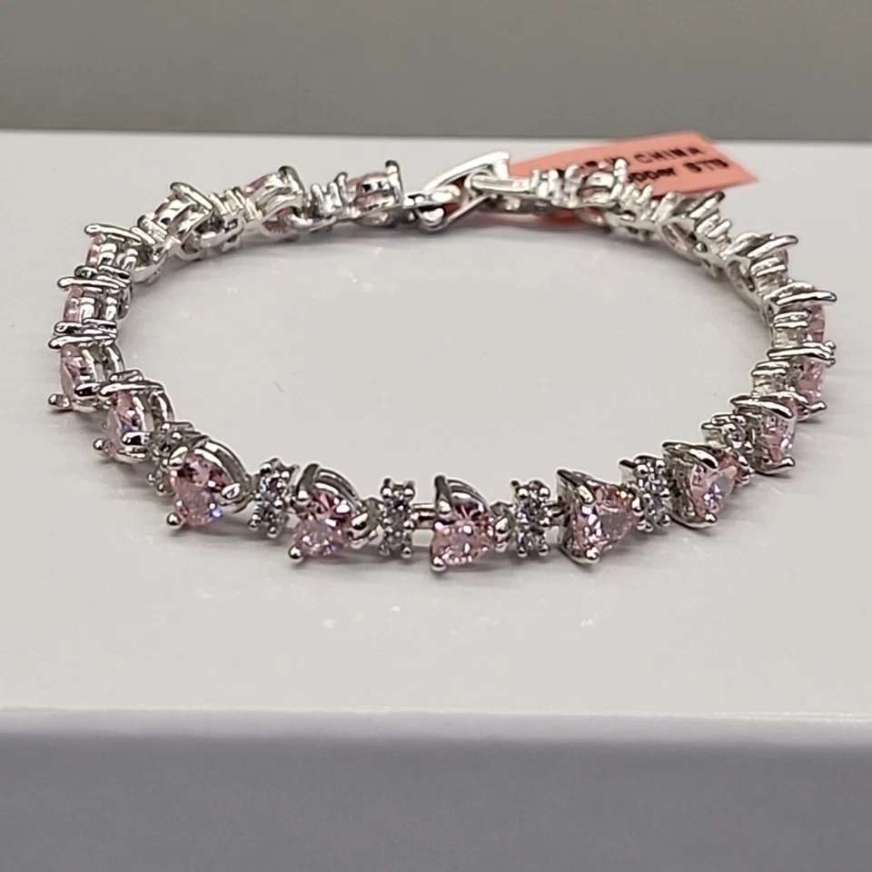 Pulsera Corazón Circonita Cúbica Rosa Plateada JTV 6.75" Foto 2 de 4