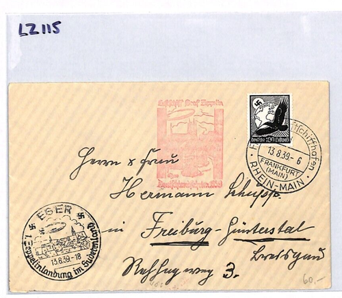 GERMANY GRAF ZEPPELIN Air Mail Cover *DEUTSCHLANDFAHRT* 1939 Eger Freiburg LZ115 - Picture 4 of 9