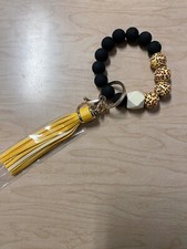 Black Yellow Leopard Wooden Beaded Wristlet Keychain With Tassel