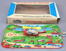 Vintage Tin Helicopter on Tin Airfield - Japanese TPS Toy -- -- With Box
