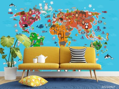 3D Cartoon World Map Wallpaper Wall Mural Removable Self-adhesive Sticker8516