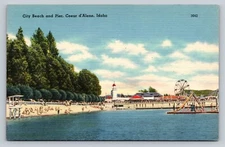 Coney Island Park Ferris Wheel City Beach Playland Pier Coeur d'Alene Postcard