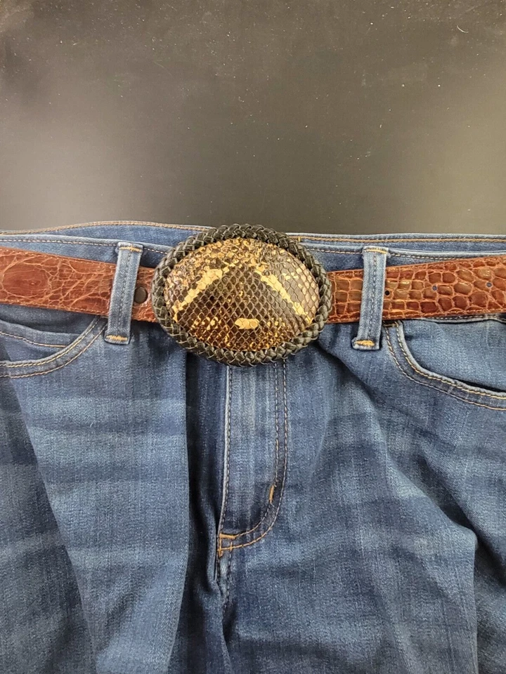 Hebilla de cinturón de piel de serpiente de pitón estilo vaquero occidental grande auténtico hecho a mano nuevo Foto 3 de 4