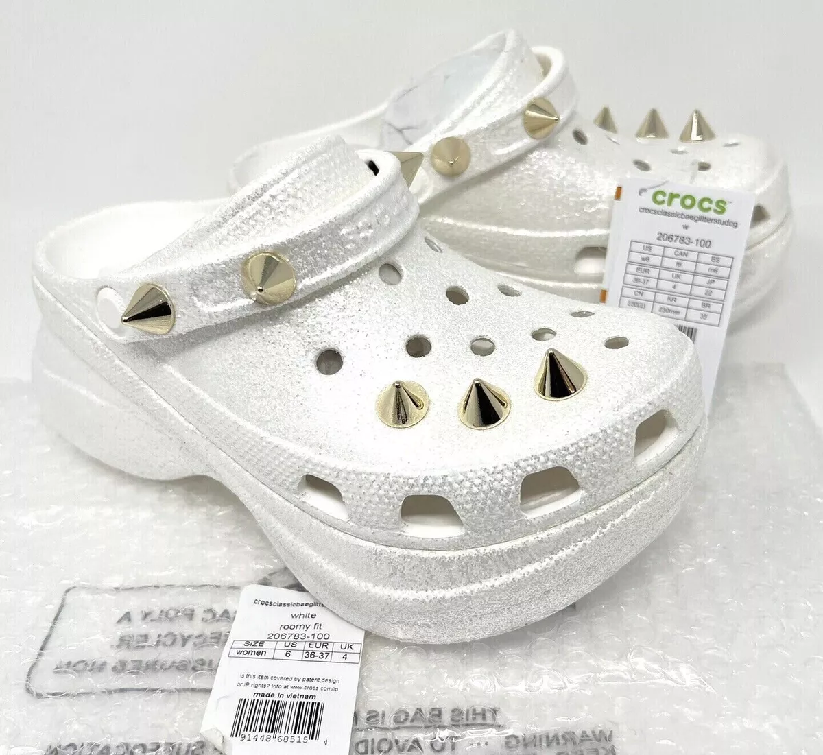 Crocs Classic Bae Glitter Stud Platform clog Womens size 6 White