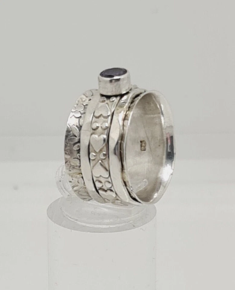 Fabulous Spinning Layered Wide Band Amethyst Ring 925 Silver Size O1/2~P #19602 — 第 4/4 张图片