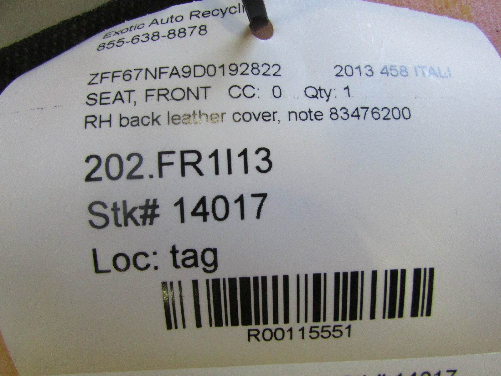 Ferrari 458, RH, Right Front Seat Back Leather cover, Used, P/N 83476200