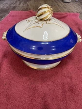 Rare Vintage Davis Collamore & Co Blue/White/Gold Porcelain Covered Soup Tureen