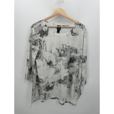 Clara Sun Woo Tunic Top Women Large White Black Long 3/4 Sleeve Stretch Abstract