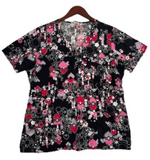 Dickies Hearts Floral Print Scrub Top Women s Large Black Pink Adjustable Waist