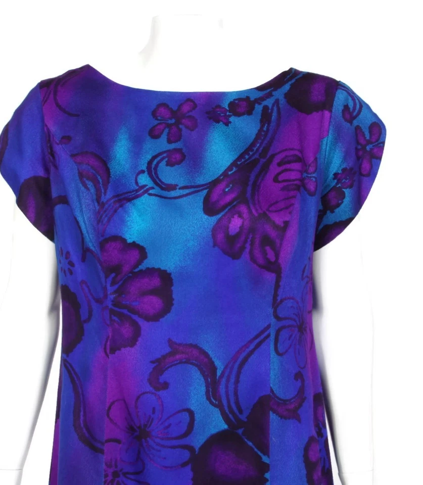 Vestido maxi vintage anos 60 WALTAH CLARKE'S havaiano Aloha roxo azul floral tamanho G/276 - Imagem 2 de 4