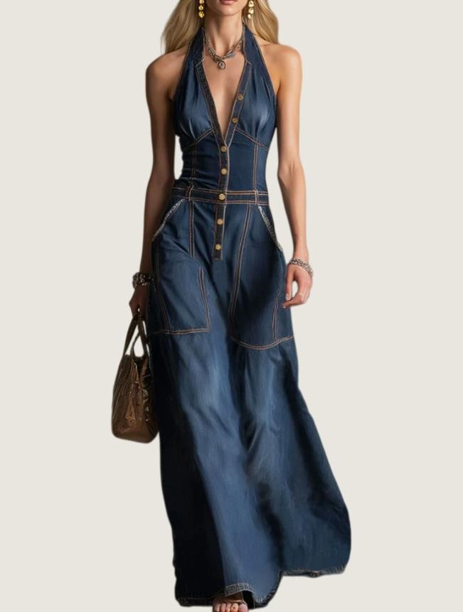 Womens Sexy Denim Blue Maxi Long Dress Sleeveless Big V Neck Pockets Sexy Hippie