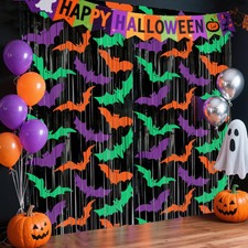 2 Packs Bat Foil Fringe Curtains - Purple Orange Green Halloween Door Streamers