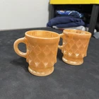 Vintage Anchor Hocking Fire-King Kimberly Orange Milk Glass Mugs Set 2 Luster
