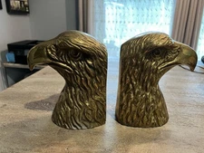 Vintage Solid Brass Bald Eagle Head Bookends Pair Heavy Patriotic Decor Korea