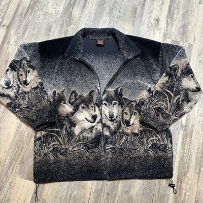 Vtg 90s MAXMANIA Wolf Pack Fleece Jacket Men's Size L Full Zip Nature READ
