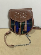 Men's Scottish Scotland Tartan Brown Leather Plaid Sporran Chain Strap