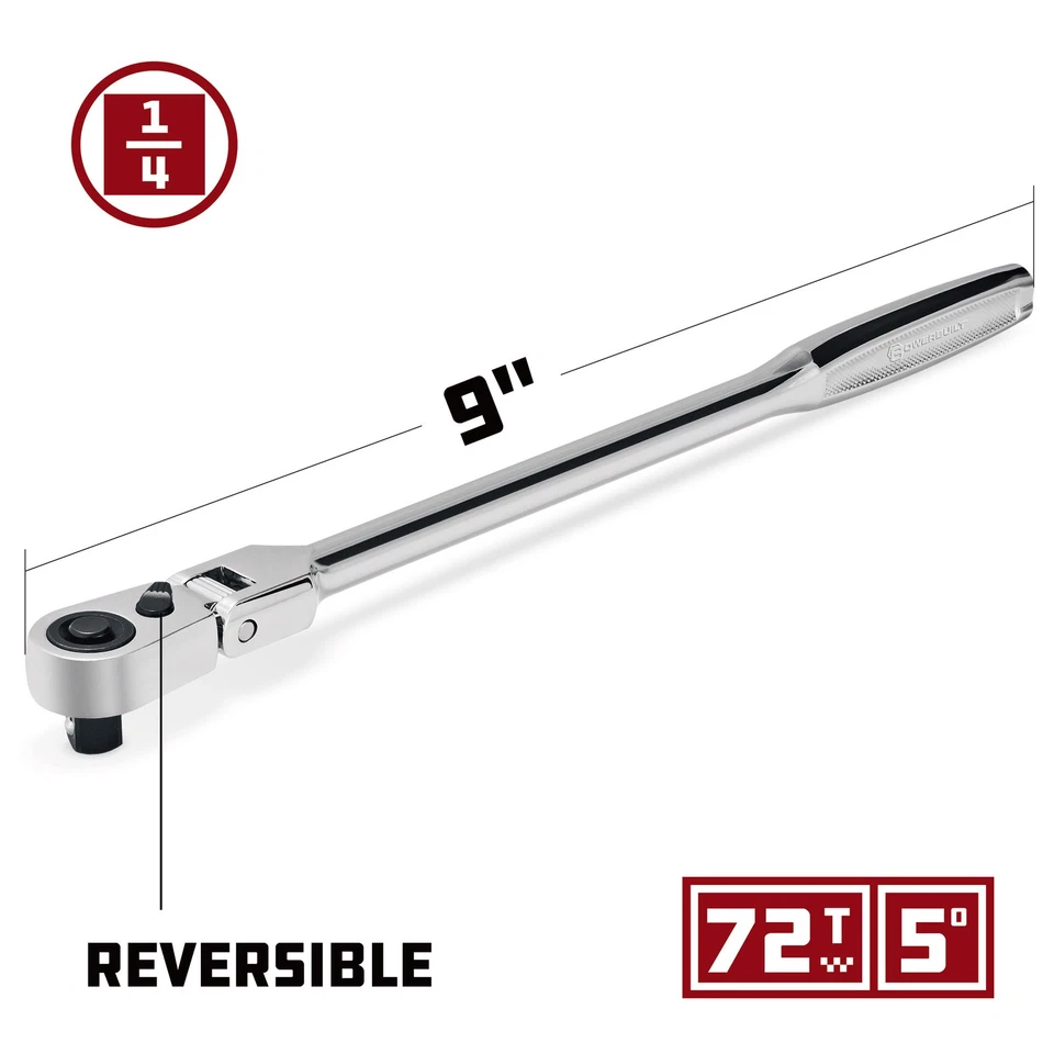 Powerbuilt 1/4 Inch Drive 72 Tooth Pro Tech 9 Inch Long Reach Flex Head Ratchet - Image 2 of 4