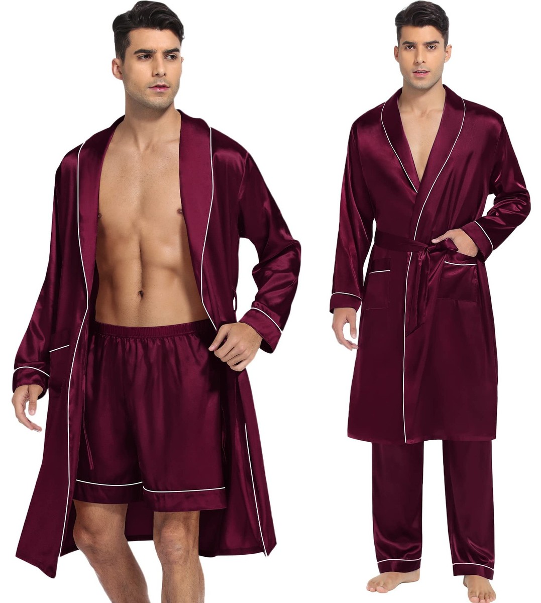 SWOMOG Men's Satin Robe 3-Piece Set - Silky Kimono Bathrobe With Shorts & Pants