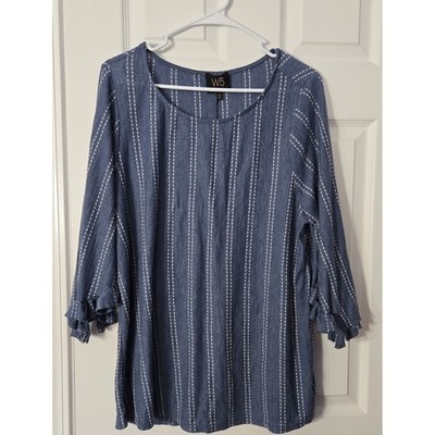 W5 Womans Blouse 3/4 Ruffled Sleeves blue with White Embroidery Size 1X
