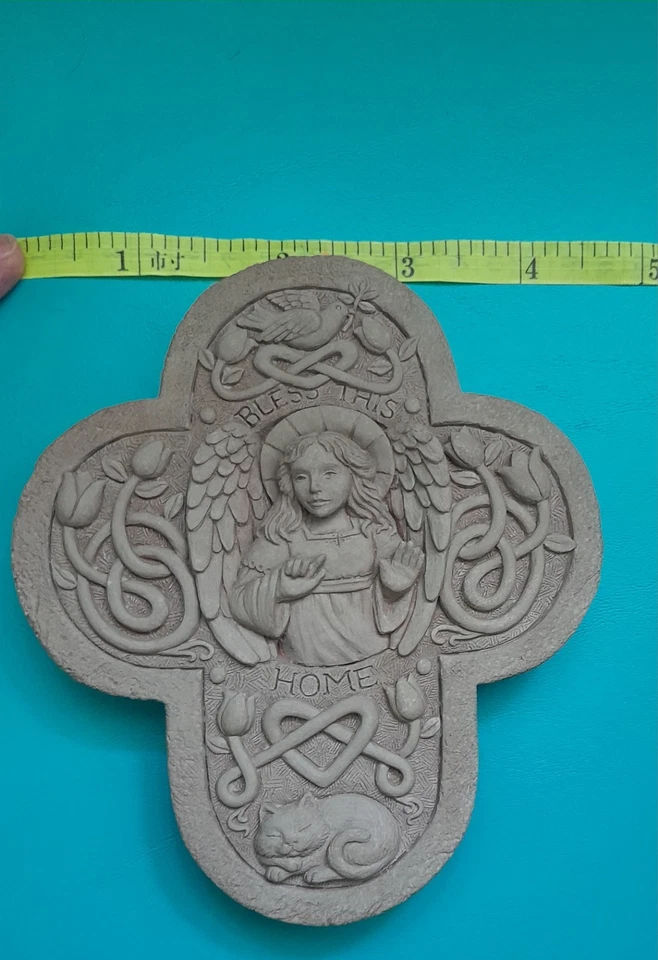 Carruth Studio Bless This Home 2002 Hanging Sculpture Celtic Cross Angel Garden - Image 3 of 4