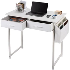 Small Computer Desk with Fabric Drawers, Home Office Desk with Metal Hanger