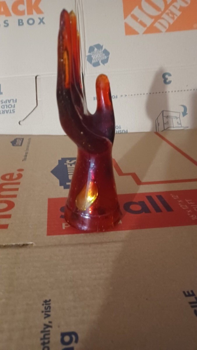 Vintage RED AMBER Glass Hand Ring Holder Display Stand