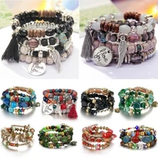 Boho Multilayer Natural Stone Agate Turquoise Crystal Bangle Beaded Bracelet Hot
