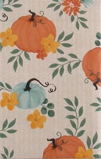 Blue and Orange Pumpkins Among Flowers Vinyl Flannel Back Tablecloth Var Size