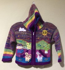 Kids Girl Arpillera Handmade Peruvian Zip Sweater Multicolor Hooded Sz 4